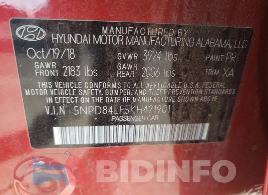 5NPD84LF5KH421901 Photo# 12