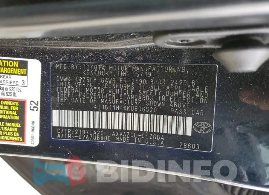 4T1B11HKXKU806520 Photo# 12