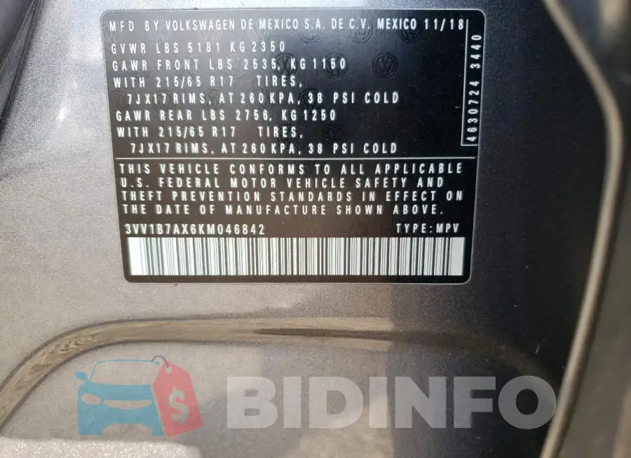 3VV1B7AX6KM046842 Photo# 10