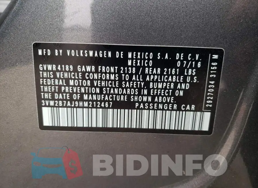 3VW2B7AJ9HM212467 Photo# 13
