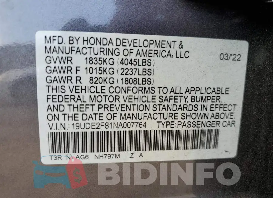 19UDE2F81NA007764 Photo# 13