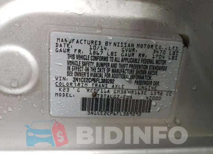 3N1CE2CP6FL389292 Photo# 12