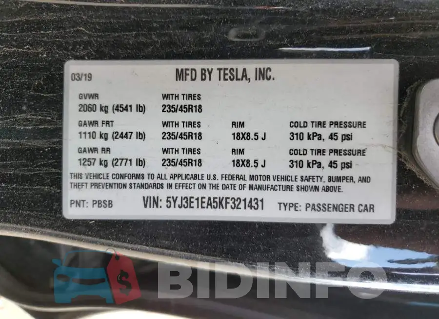 5YJ3E1EA5KF321431 Photo# 12