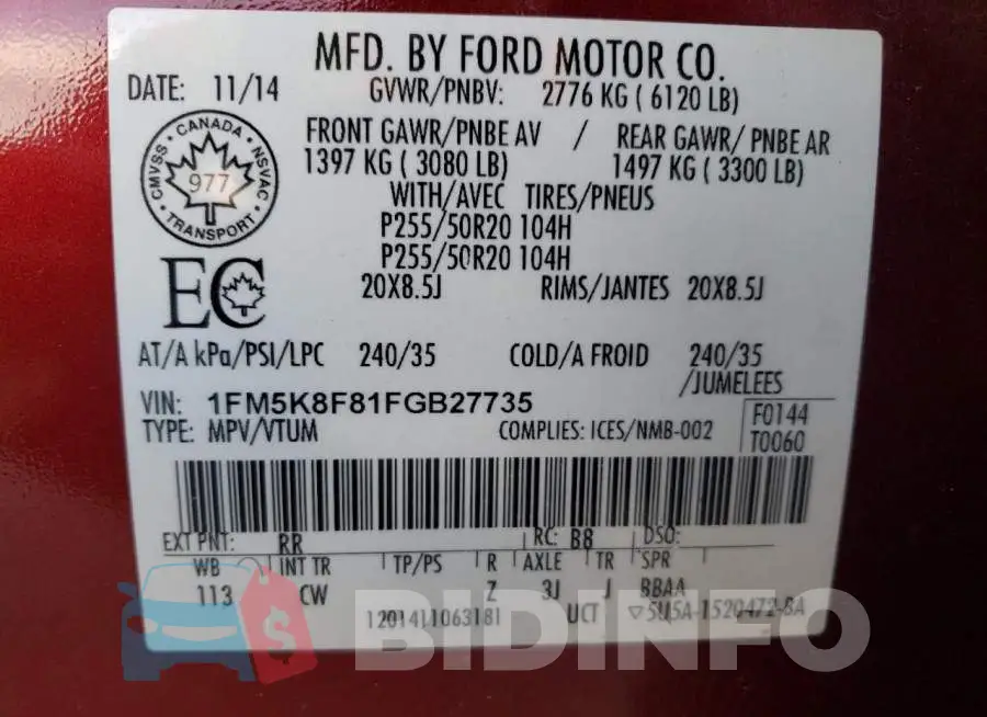 1FM5K8F81FGB27735 Photo# 10