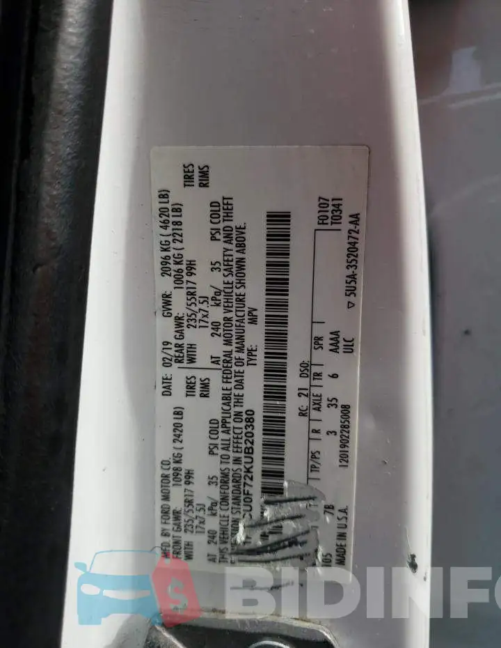 1FMCU0F72KUB20380 Photo# 12