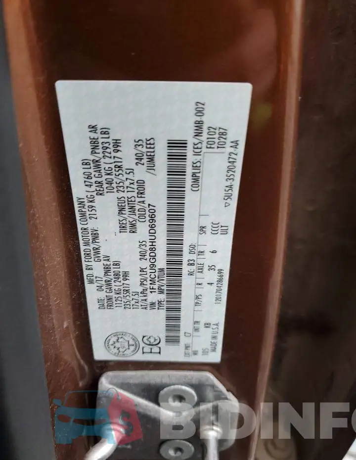1FMCU9GD8HUD69607 Photo# 13
