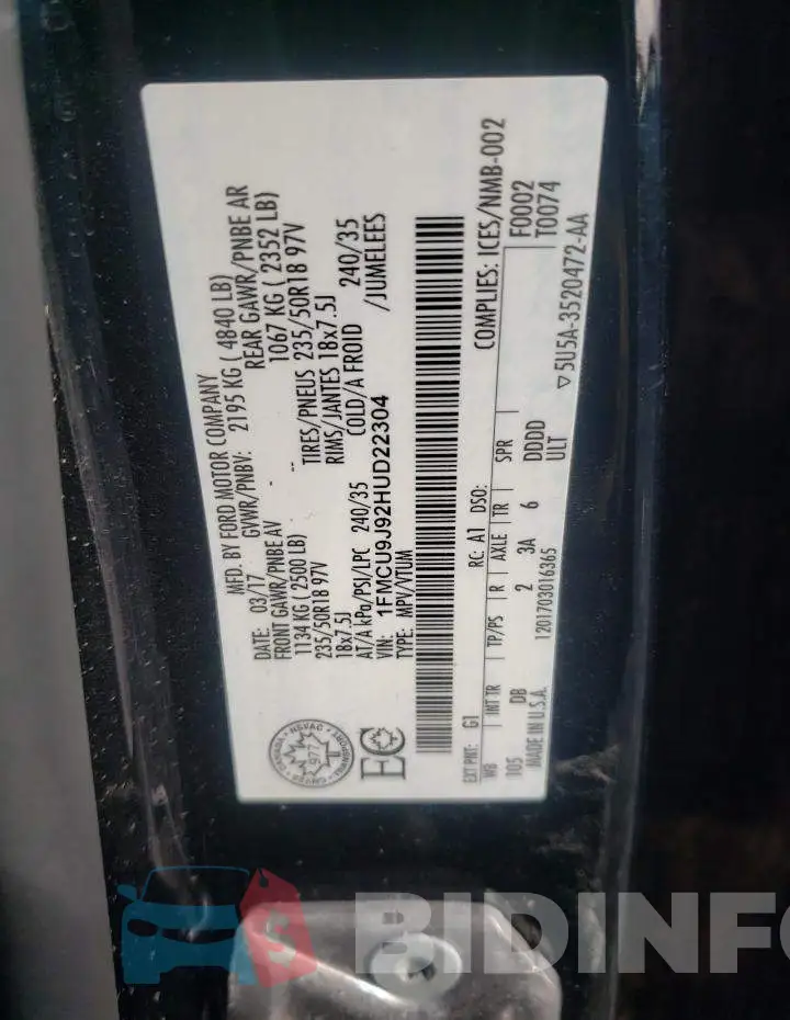 1FMCU9J92HUD22304 Photo# 13