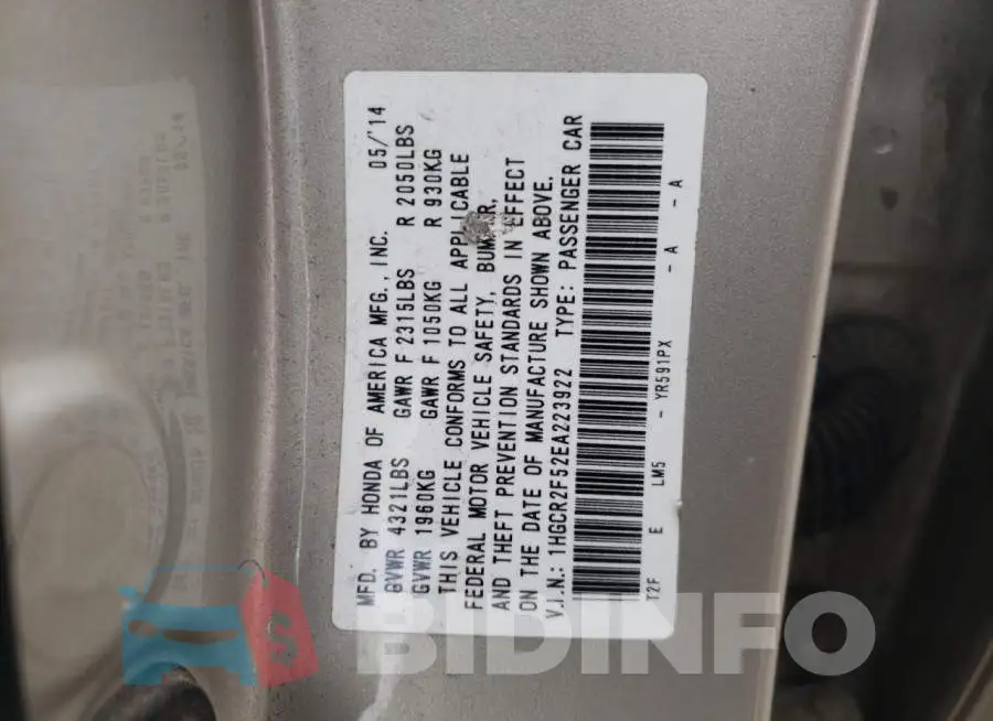 1HGCR2F52EA223922 Photo# 12