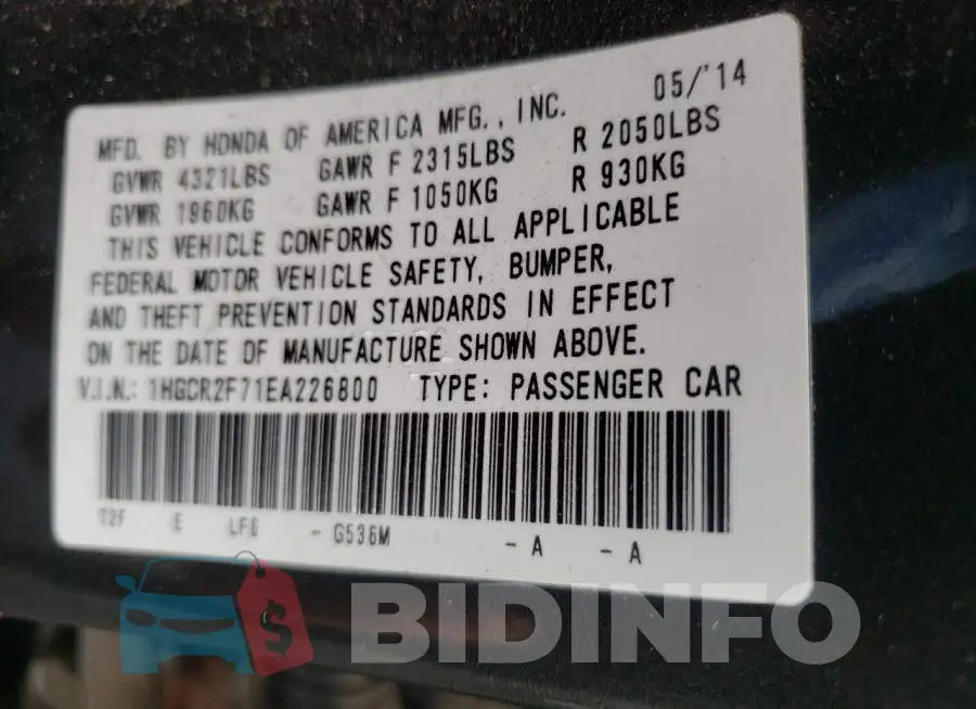 1HGCR2F71EA226800 Photo# 13