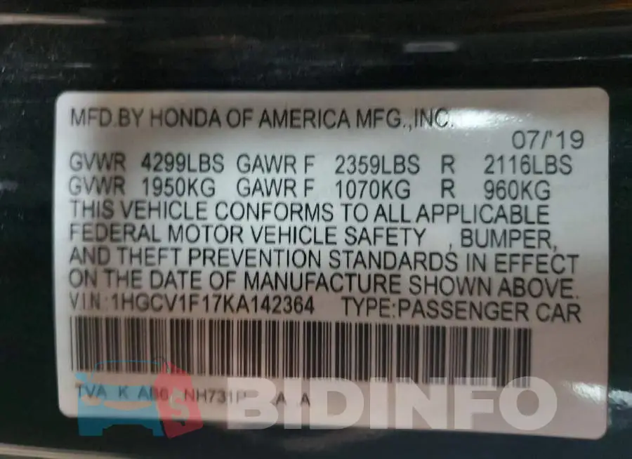 1HGCV1F17KA142364 Photo# 12