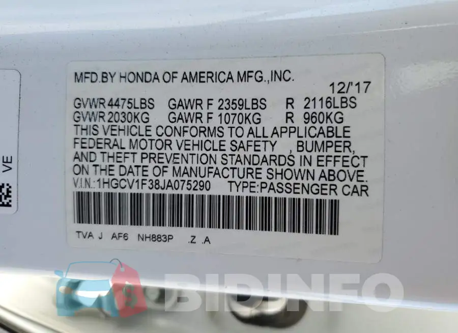 1HGCV1F38JA075290 Photo# 12
