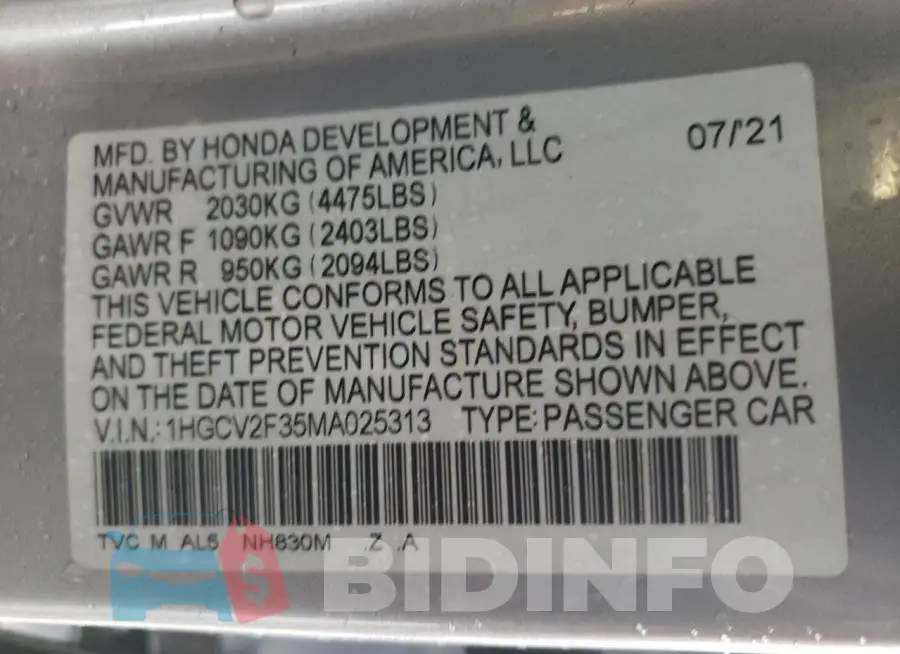 1HGCV2F35MA025313 Photo# 13