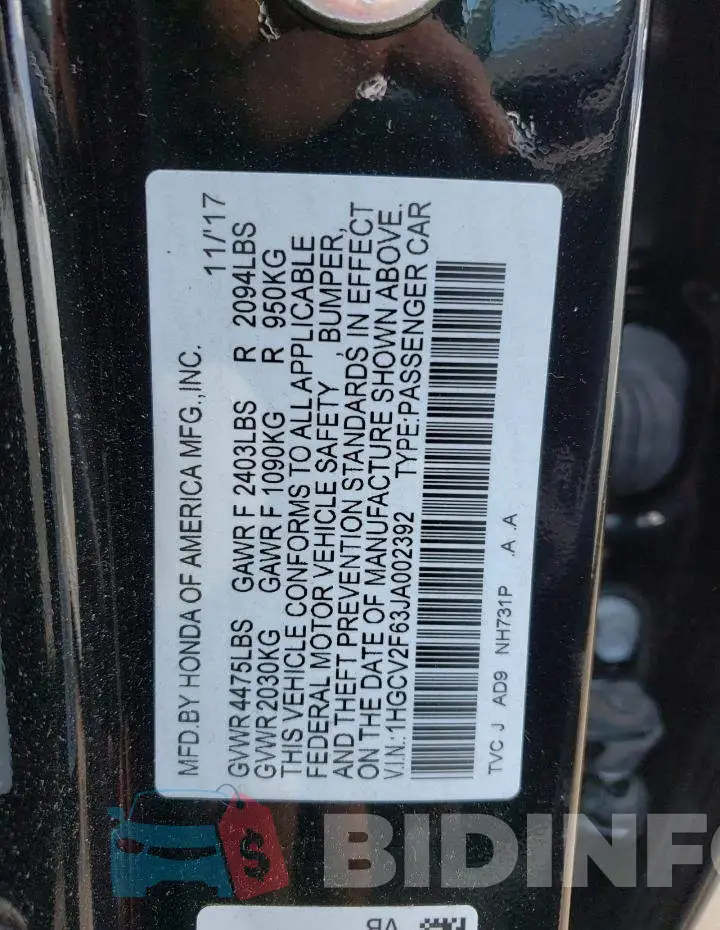 1HGCV2F63JA002392 Photo# 10