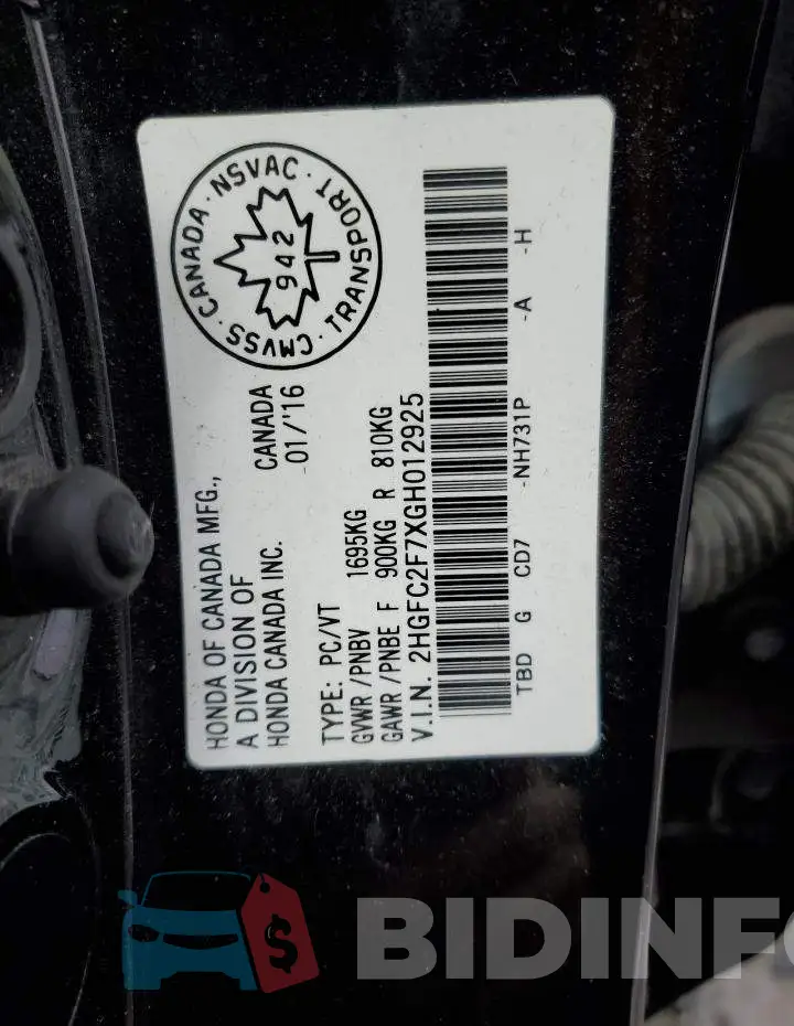 2HGFC2F7XGH012925 Photo# 13