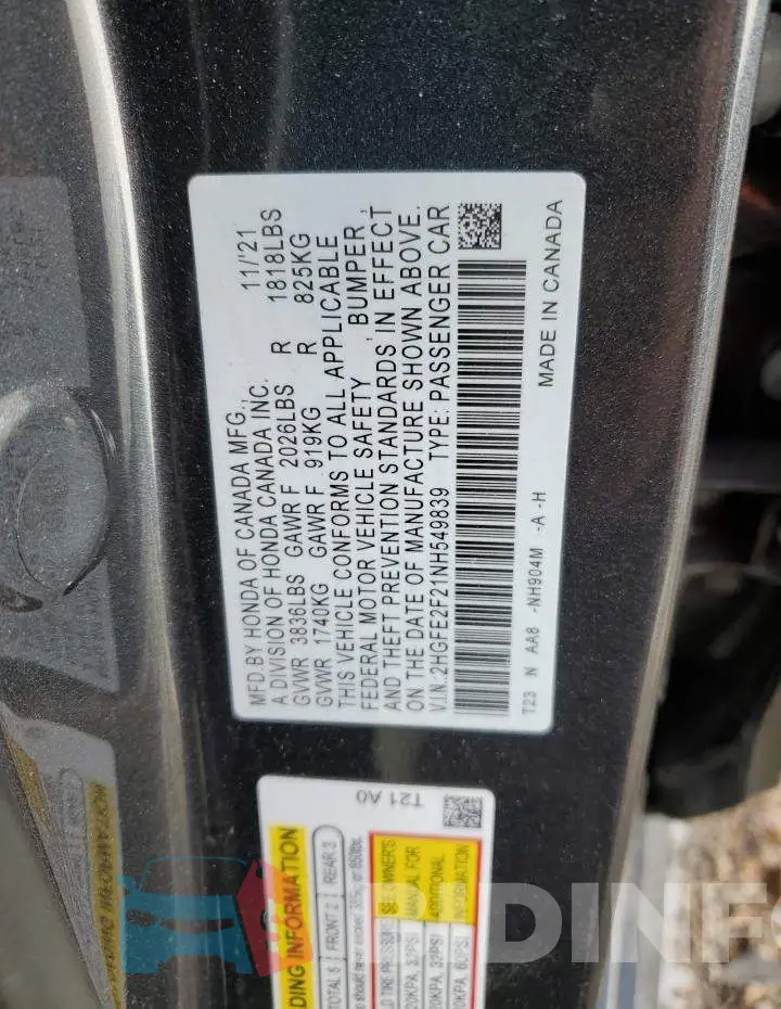 2HGFE2F21NH549839 Photo# 12