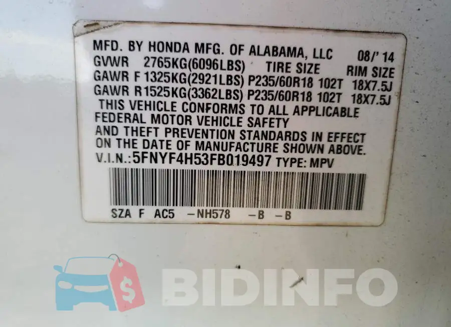 5FNYF4H53FB019497 Photo# 13