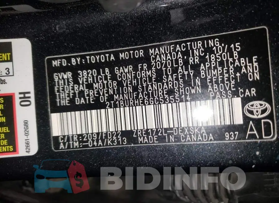 2T1BURHE6GC535514 Photo# 12