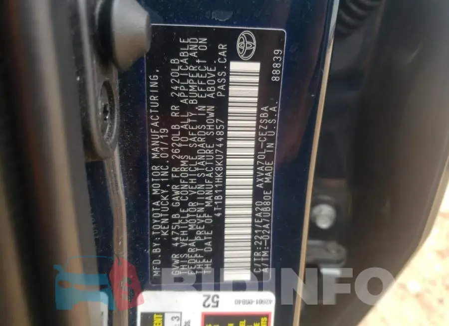4T1B11HK8KU744857 Photo# 12