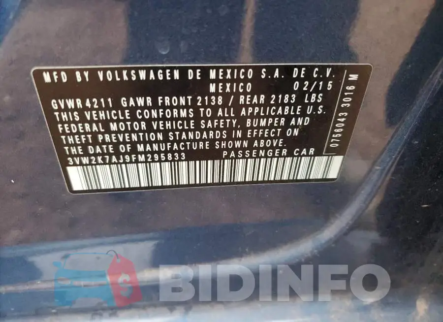3VW2K7AJ9FM295833 Photo# 13