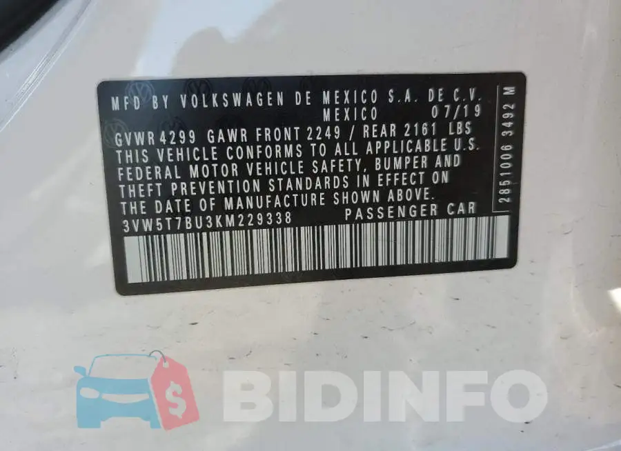 3VW5T7BU3KM229338 Photo# 12