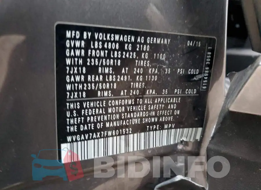 WVGAV7AX7FW601532 Photo# 13