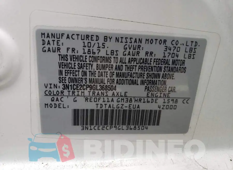 3N1CE2CP9GL368504 Photo# 12