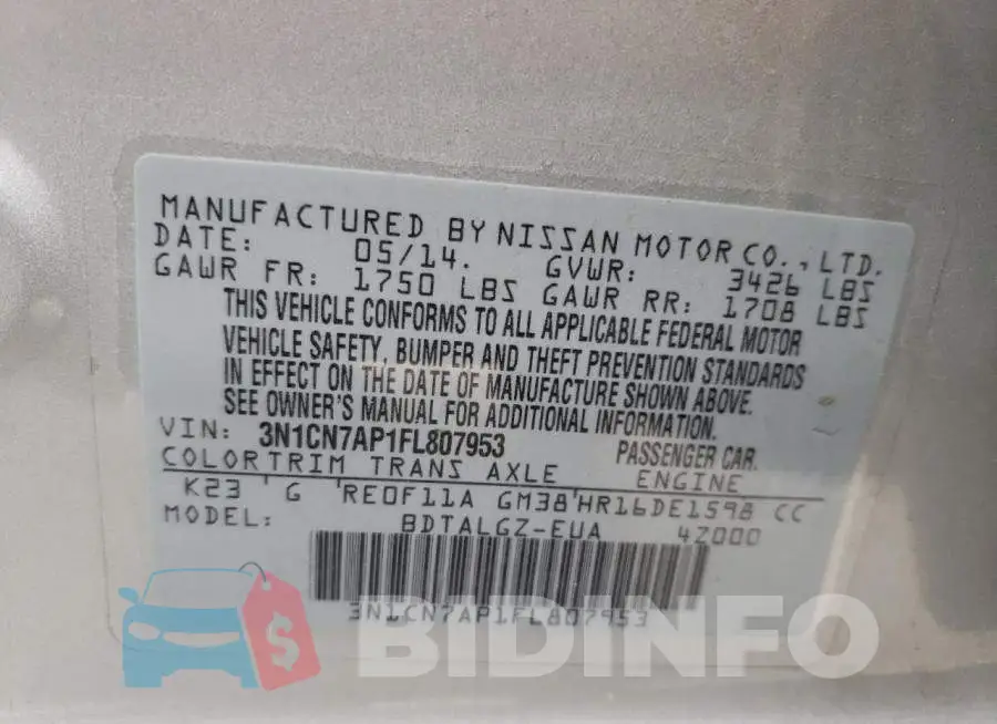 3N1CN7AP1FL807953 Photo# 12