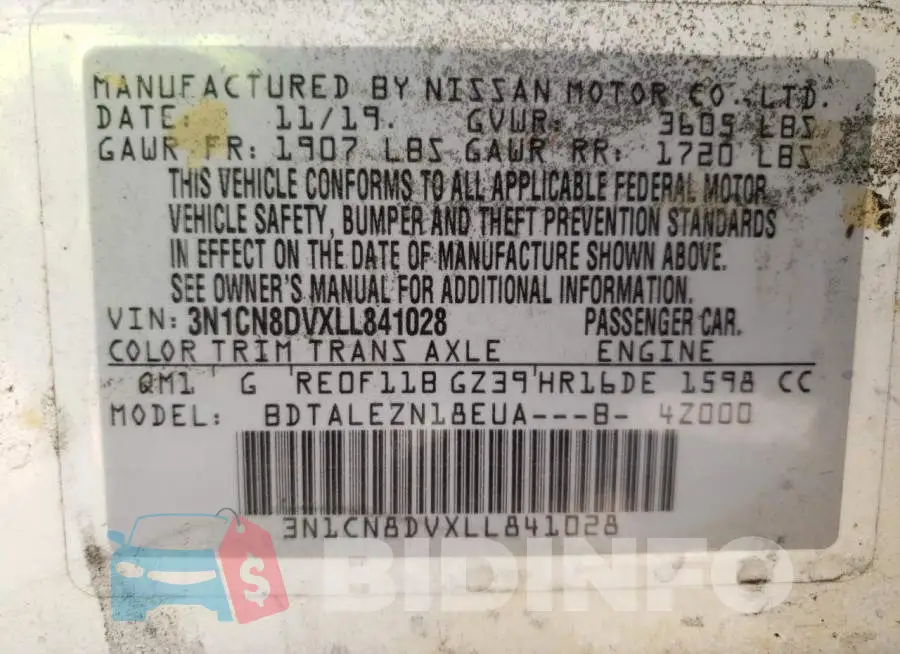 3N1CN8DVXLL841028 Photo# 12