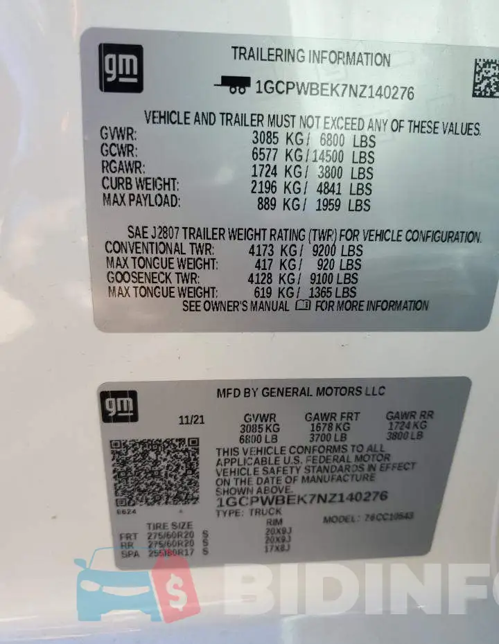 1GCPWBEK7NZ140276 Photo# 13