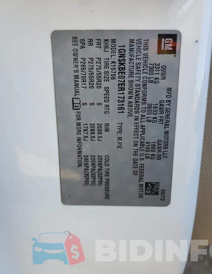 1GNSKBE07ER173161 Photo# 13
