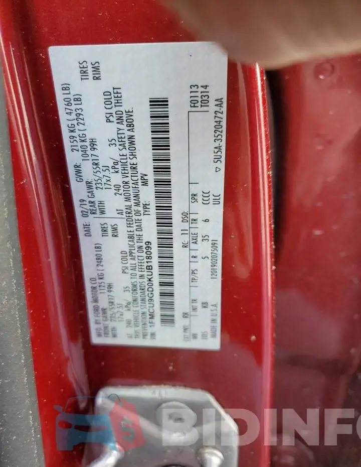1FMCU9GD0KUB18099 Photo# 13