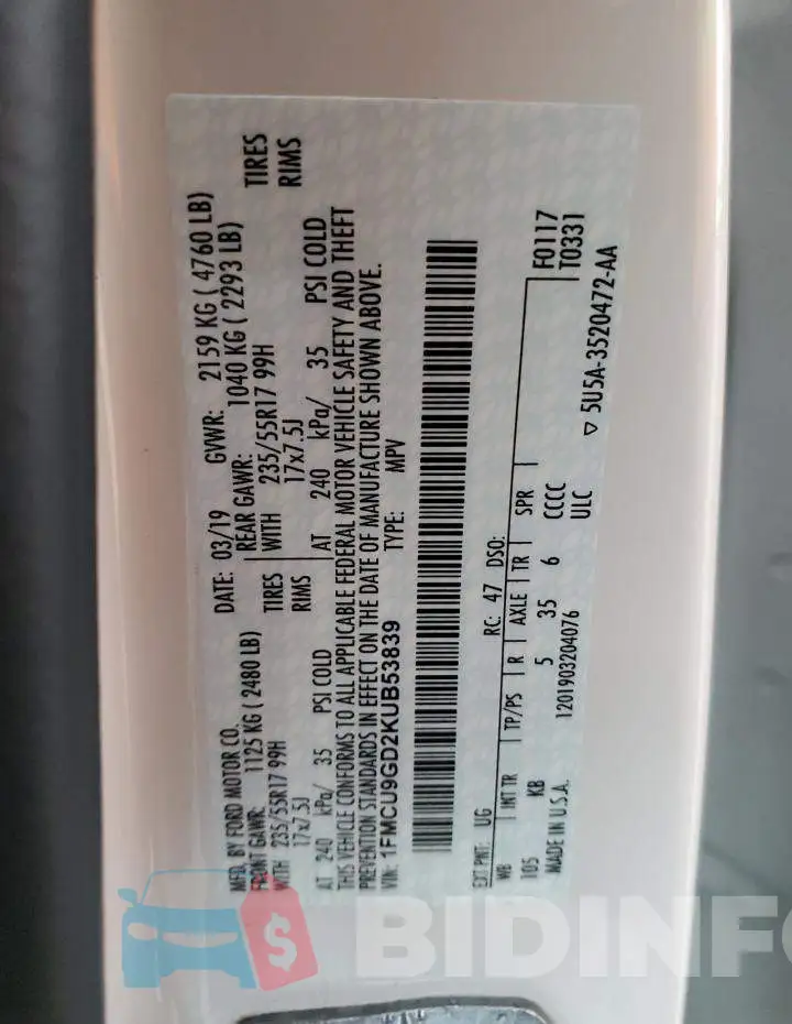 1FMCU9GD2KUB53839 Photo# 14