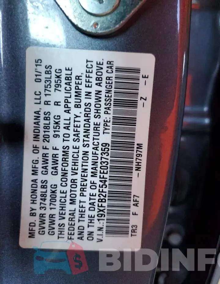 19XFB2F54FE037359 Photo# 12