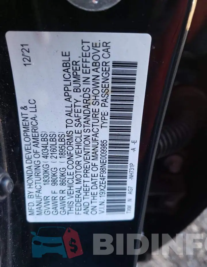 19XZE4F98NE009985 Photo# 12