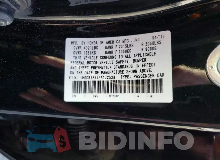 1HGCR2F56FA172538 Photo# 13