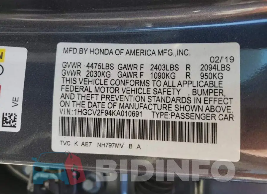 1HGCV2F94KA010691 Photo# 12
