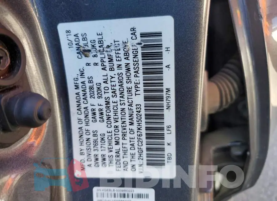 2HGFC2F67KH502433 Photo# 12