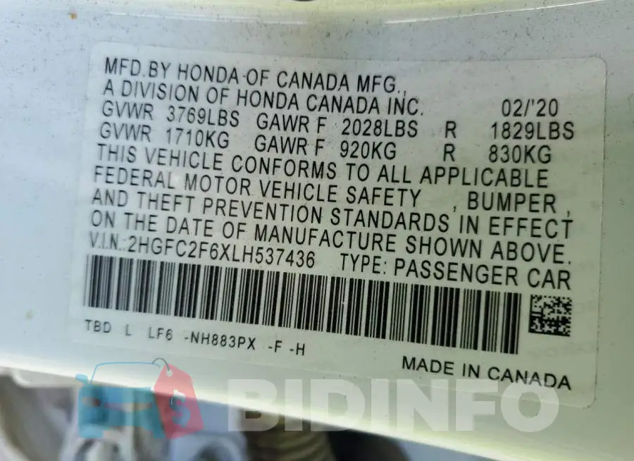 2HGFC2F6XLH537436 Photo# 12