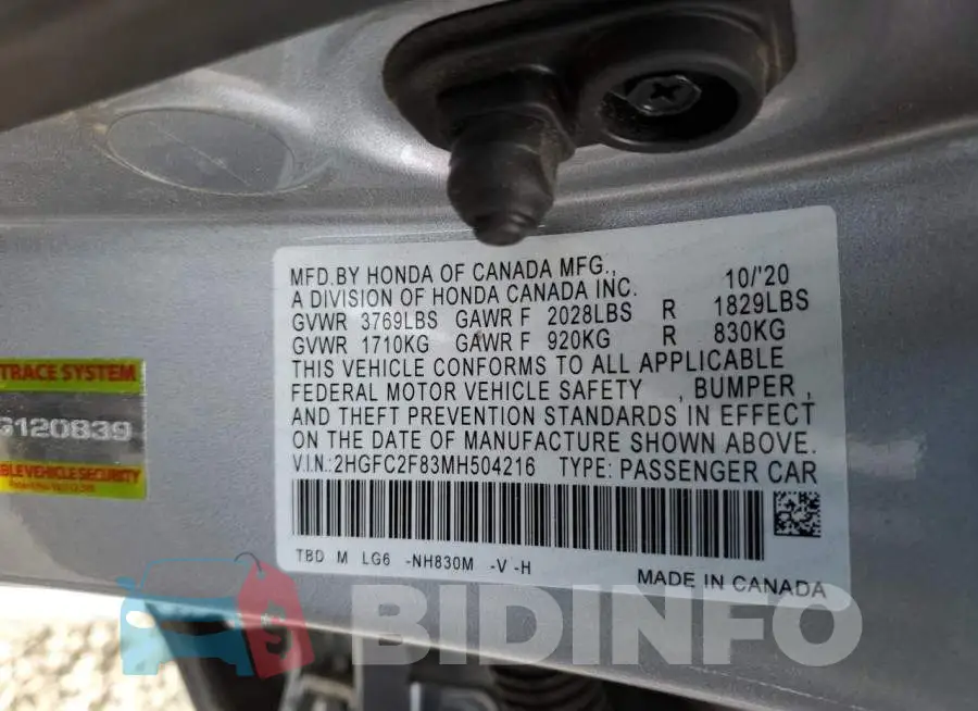 2HGFC2F83MH504216 Photo# 12