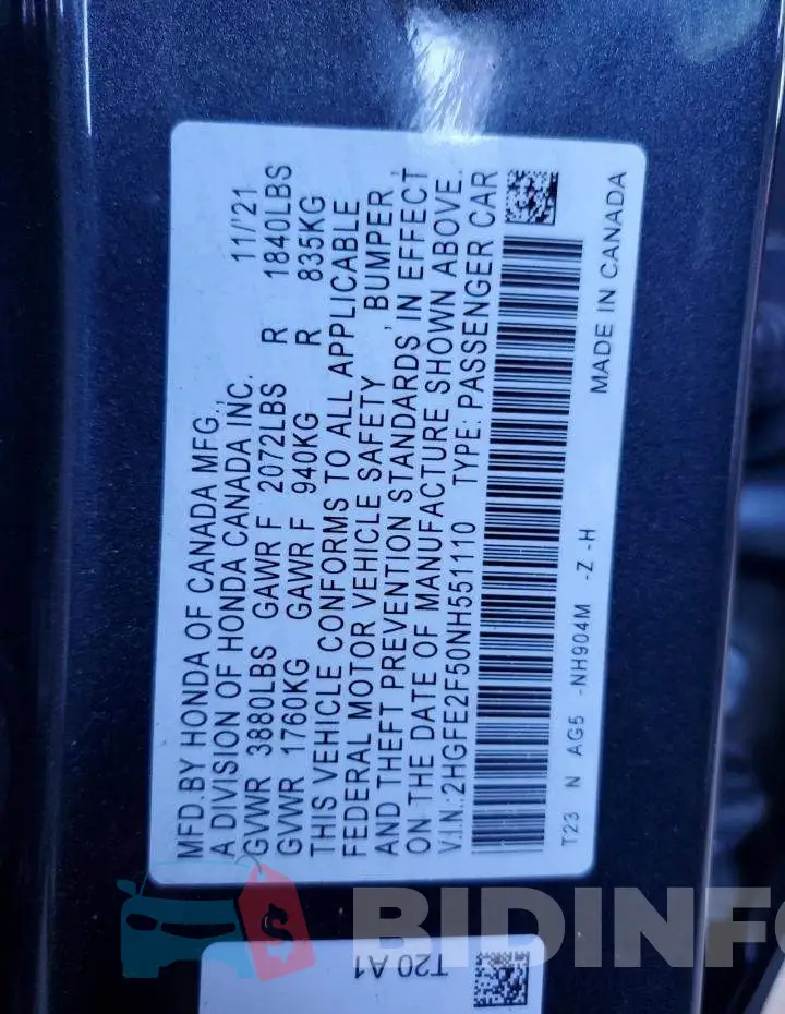 2HGFE2F50NH551110 Photo# 12