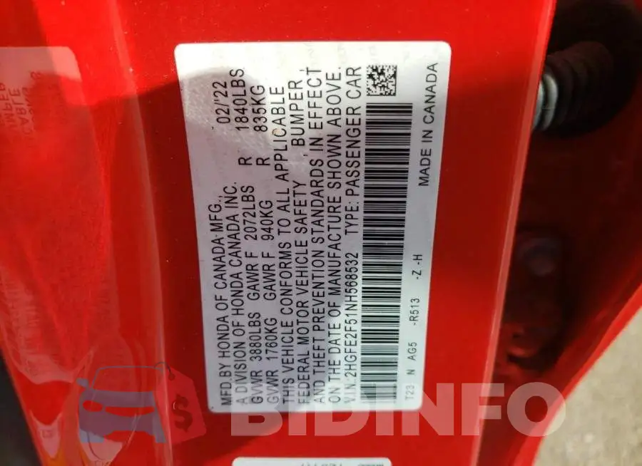 2HGFE2F51NH568532 Photo# 13