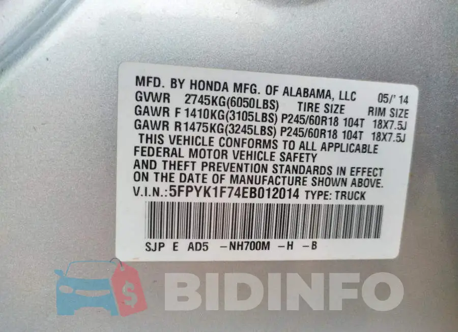 5FPYK1F74EB012014 Photo# 12