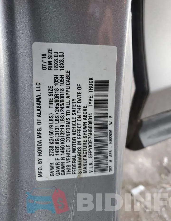 5FPYK3F76HB008014 Photo# 12