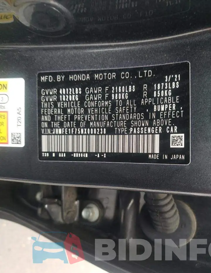 JHMFE1F75NX000238 Photo# 12