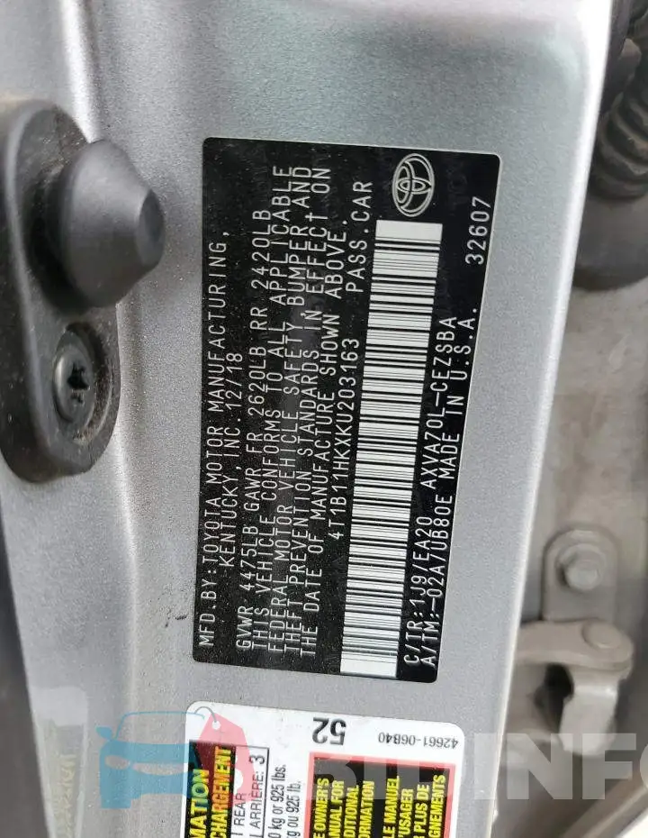 4T1B11HKXKU203163 Photo# 12