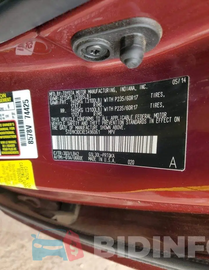 5TDYK3DCXES496061 Photo# 13