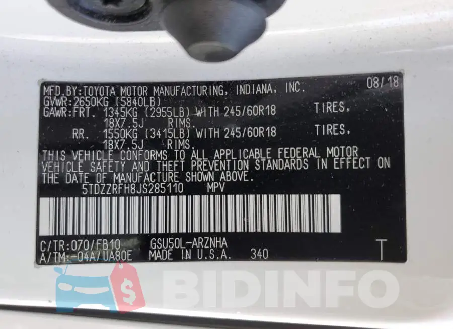 5TDZZRFH8JS285110 Photo# 13