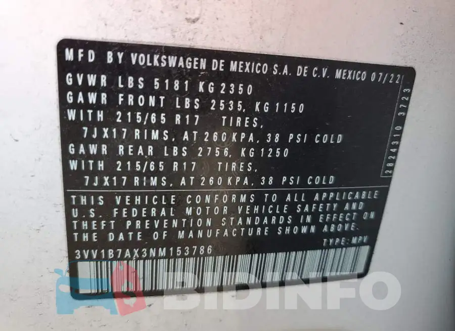 3VV1B7AX3NM153786 Photo# 14