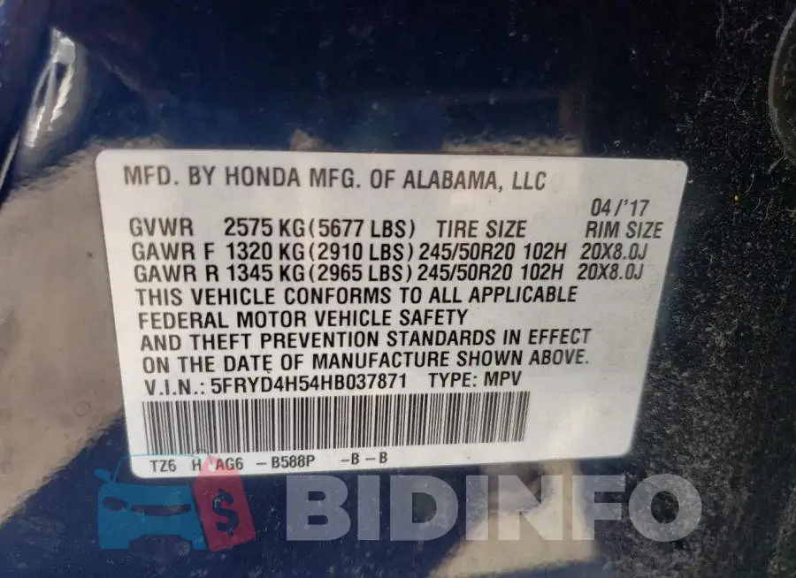 5FRYD4H54HB037871 Photo# 12