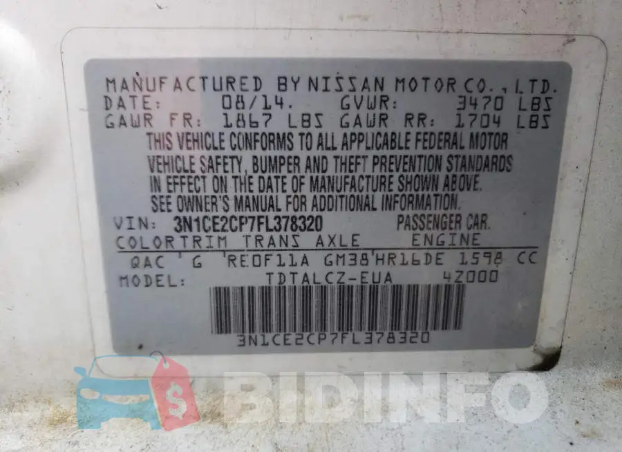 3N1CE2CP7FL378320 Photo# 13